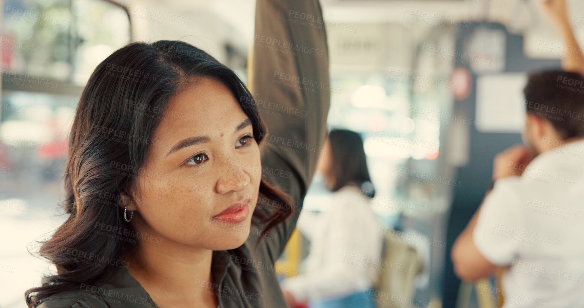 Buy stock photo Business, commute and thinking with woman on bus for public transport to work destination. Idea, travel and waiting with Asian employee in metro vehicle for morning journey or trip to job location