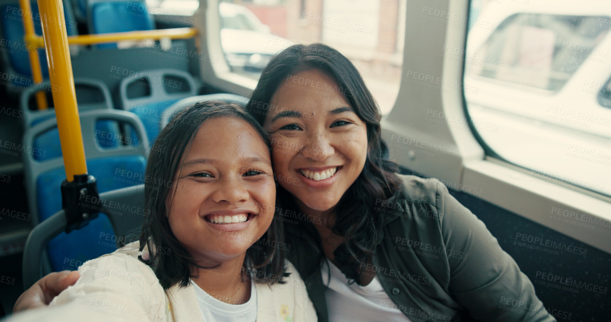 Buy stock photo Mother, girl and travel on bus with selfie for happy memory, social media post and adventure together. Portrait, people and photography in public transport for journey, commute and sightseeing trip