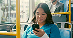 Bus, nurse and woman with smartphone, travel and communication with public transport. Person, healthcare professional and employee with cellphone, morning commute and texting with social media or app
