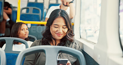Buy stock photo Travel, woman and smile with phone on bus for text message, social media post and morning commute. Window, passenger and smartphone on public transport for journey, streaming service and connection