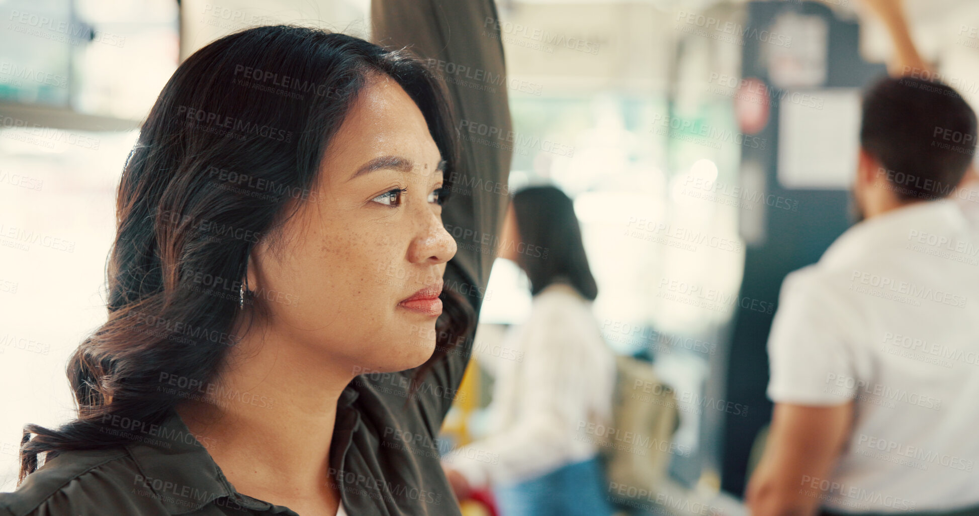Buy stock photo Commute, thinking and travel with woman on bus for reflection, journey and adventure trip. Public transportation, vision and tourism with person in tram vehicle for passenger, memory and destination