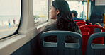 Bus, back or woman with window, thinking or commute with public transportation, daydreaming or view. Person, passenger or road trip with destination, wonder or urban journey with thoughts in New York