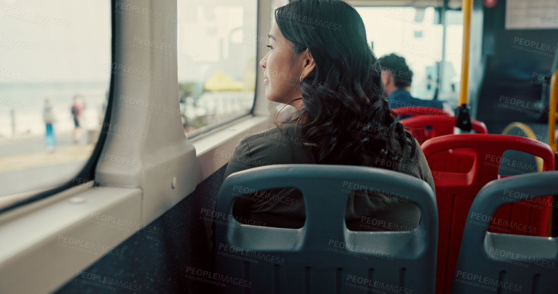 Buy stock photo Bus, back or woman with window, thinking or commute with public transportation, daydreaming or view. Person, passenger or road trip with destination, wonder or urban journey with thoughts in New York