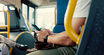 Typing, hands and person with phone on bus for travel schedule, online scroll and morning commute. Mobile app, passenger and smartphone on public transport for text message, journey and notifications