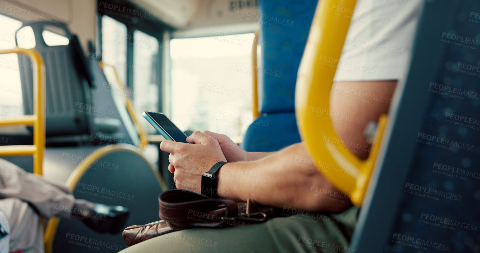Buy stock photo Typing, hands and person with phone on bus for travel schedule, online scroll and morning commute. Mobile app, passenger and smartphone on public transport for text message, journey and notifications