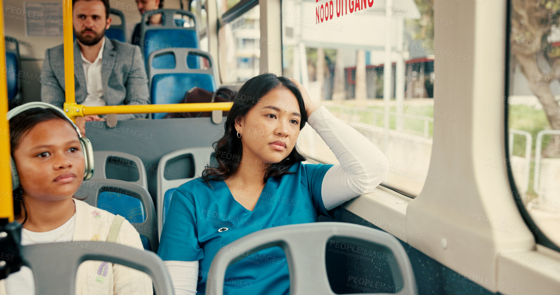 Buy stock photo Bus, thinking and woman by window in city for journey, morning commute and trip. Public transport, passenger and nurse with people on vehicle travel to work, job and career at hospital in urban town
