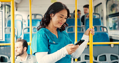 Buy stock photo Nurse, travel and woman with phone on bus for transport schedule, destination and morning commute. Mobile app, passenger and smartphone on journey for text message, social media scroll and connection