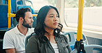 Commute, thinking and travel with woman on bus for reflection, journey and adventure trip. Public transportation, vision and tourism with person in tram vehicle for passenger, relax and destination