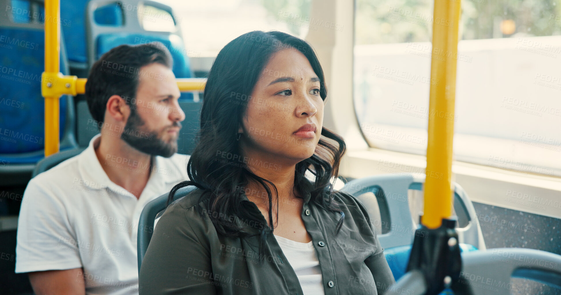 Buy stock photo Commute, thinking and travel with woman on bus for reflection, journey and adventure trip. Public transportation, vision and tourism with person in tram vehicle for passenger, relax and destination