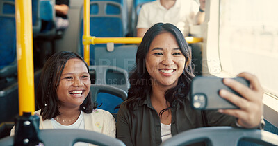 Buy stock photo Mother, child and journey on bus with selfie for trip memory, social media post and urban adventure. Bonding, people and photography in public transport for travel, commute or profile picture update