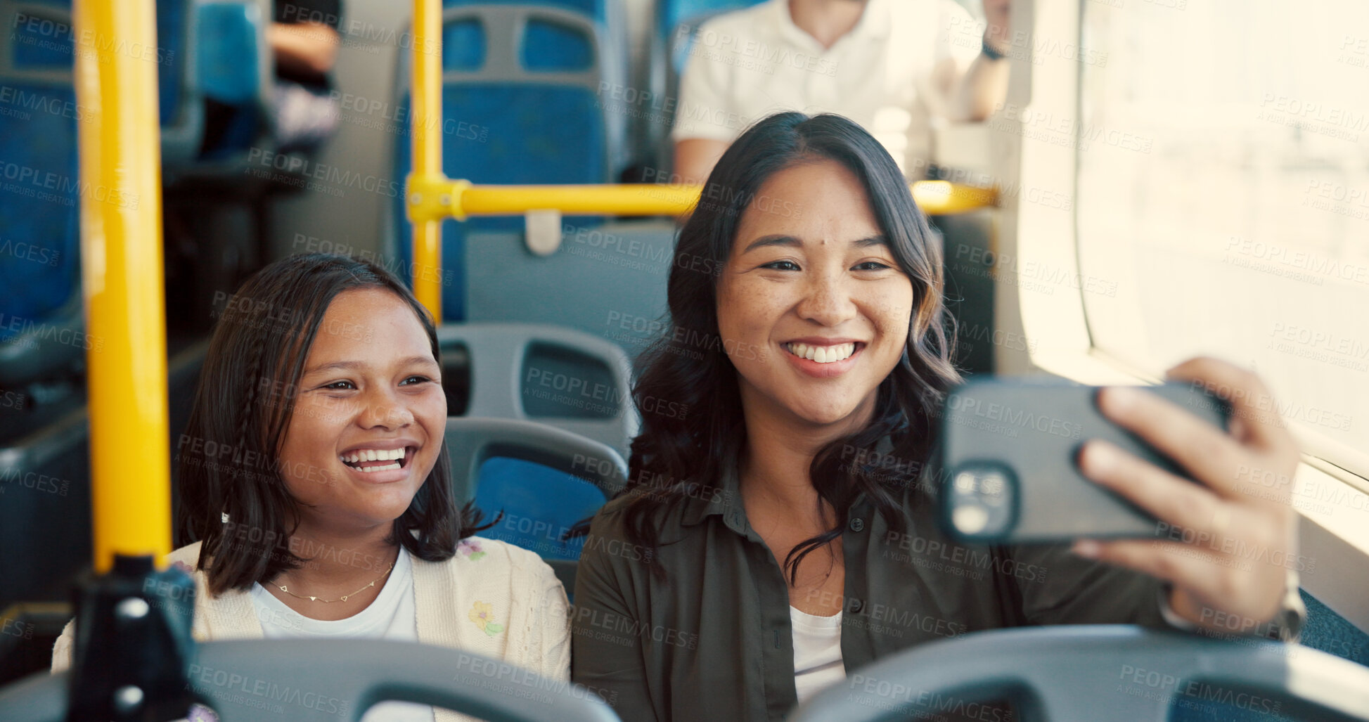 Buy stock photo Mother, child and journey on bus with selfie for trip memory, social media post and urban adventure. Bonding, people and photography in public transport for travel, commute or profile picture update