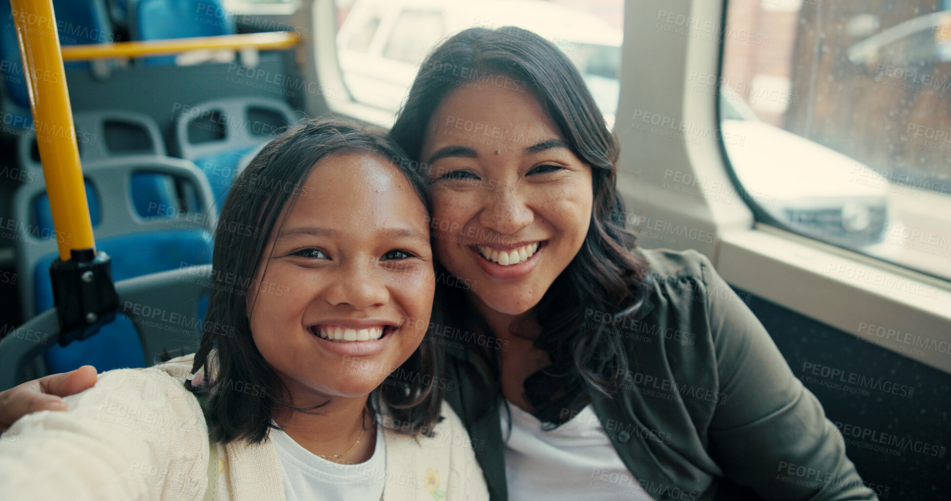 Buy stock photo Mother, child and travel on bus with selfie for trip memory, social media post and bonding together. Portrait, people or photography in public transport for journey, commute or profile picture update