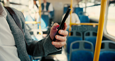 Buy stock photo Travel, hands and typing with phone on bus for transport schedule, checking email and morning commute. Passenger, person and smartphone on public trip for work journey, text message and connection