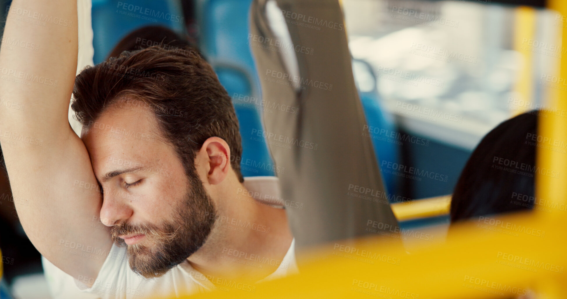 Buy stock photo Tired, passenger and man in bus, travel and delay of public transport in morning, fatigue and journey. Exhausted, employee and commuting for work in vehicle, traffic and person with burnout on trip