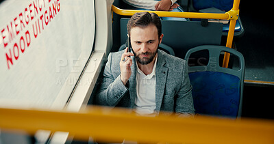 Buy stock photo Business man, phone call and travel in bus, contact and listen for deal, negotiation or chat in morning. Person, smartphone and above with connection, networking and commute with public transport