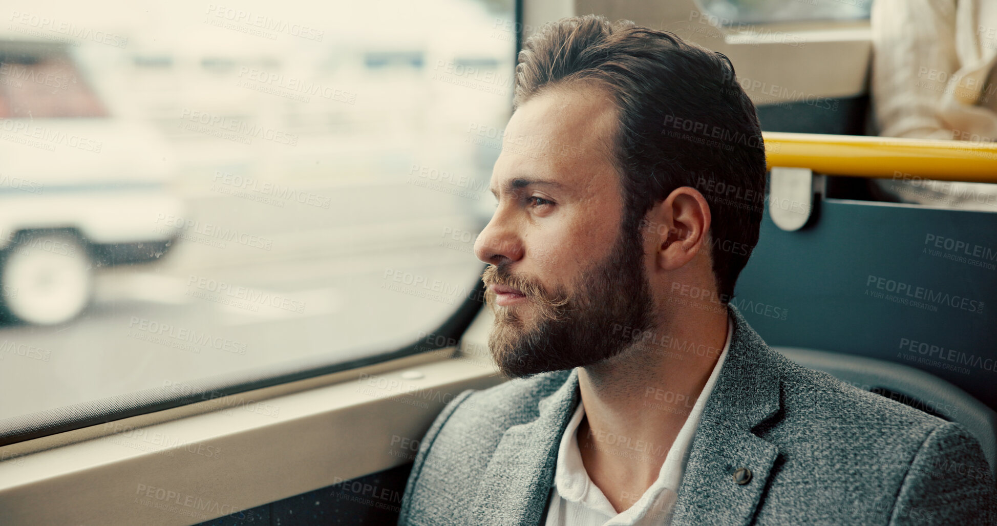 Buy stock photo Window, thinking and business man on bus for reflection, journey and meeting appointment. Public transportation, vision and idea with person in vehicle for passenger, commuter and destination