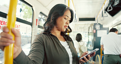 Buy stock photo Travel, woman and typing with phone on bus for transport schedule, online video or morning commute. Mobile app, passenger and smartphone on journey for text message, social media or streaming service