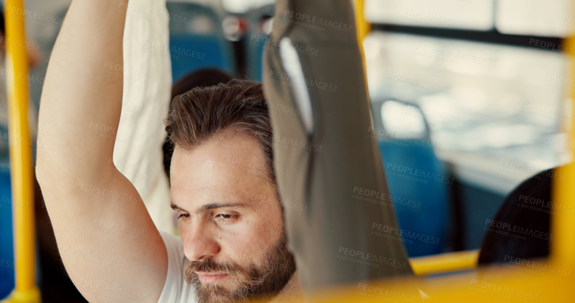 Buy stock photo Bus, standing and travel with man, tired and public transportation with handrail for balance. Person, guy and passenger with safety, city service and morning commute with urban journey and support
