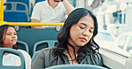 Bus, sleeping and woman with rest, travel and break with public transportation. People, commute and girl with fatigue, tired and exhausted with burnout, overworked and window with urban journey
