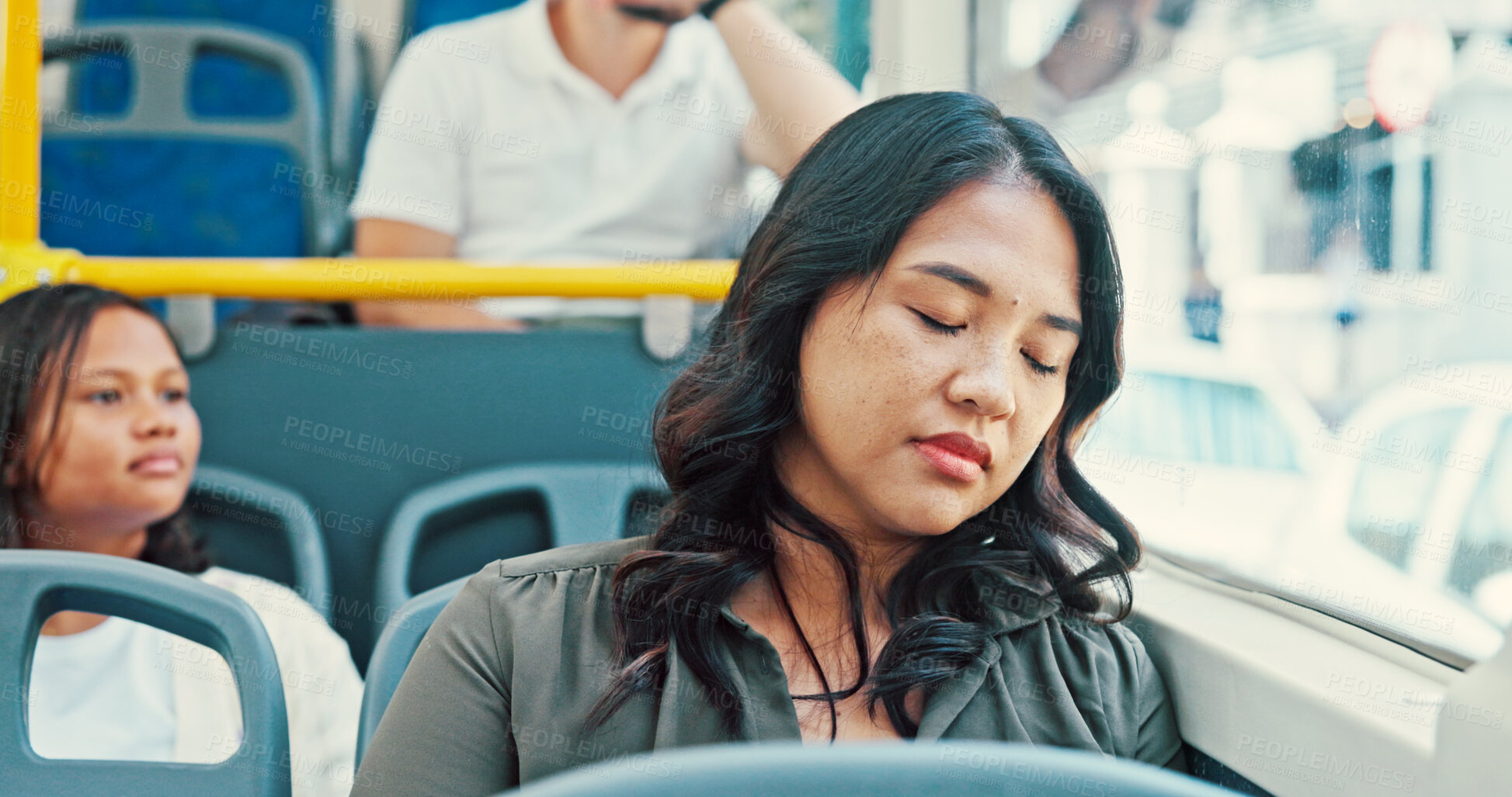 Buy stock photo Bus, sleeping and woman with rest, travel and break with public transportation. People, commute and girl with fatigue, tired and exhausted with burnout, overworked and window with urban journey