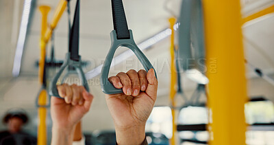 Buy stock photo Hand, bus and travel with people, handle and public transportation with safety. Closeup, metro city and passengers with routine, urban journey and morning commute with balance, trip and New York