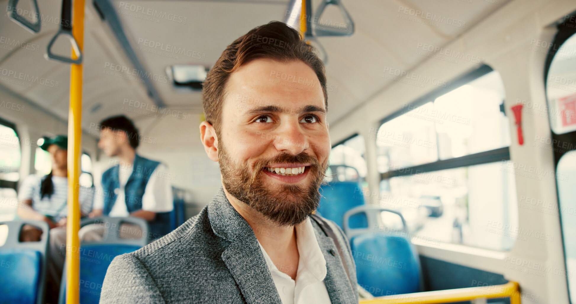 Buy stock photo Business, smile and commute with man on bus for pride, journey and meeting schedule. Public transportation, happy and urban with person in tram vehicle for travel, professional and passenger