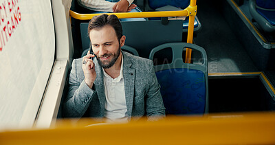 Buy stock photo Business, commute and phone call with man on bus for communication or public transport to work. Conversation, journey and travel with happy employee in vehicle for trip as passenger from above