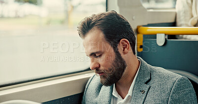 Buy stock photo Bus, sleeping and business with man, travel and tired with public transportation. Person, commute and girl with fatigue, nap and exhausted with burnout, overworked and window with urban journey