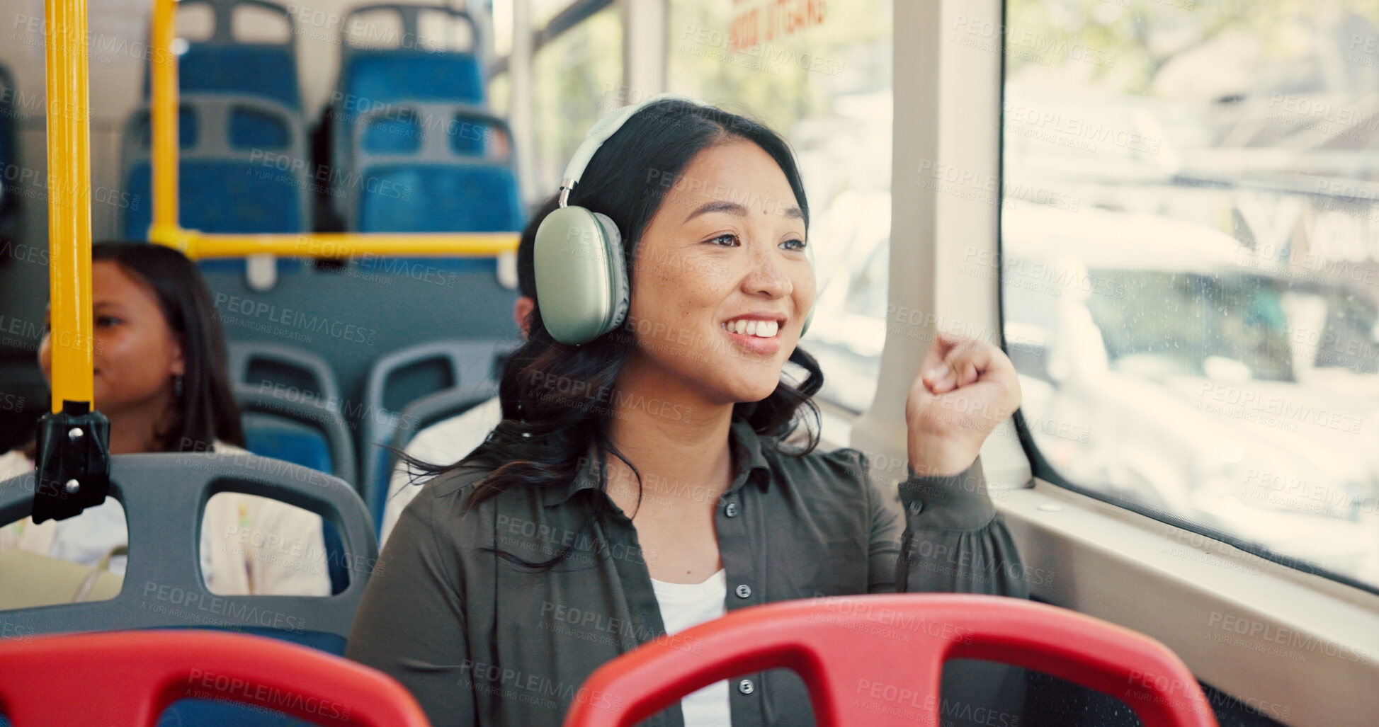 Buy stock photo Bus, travel and happy Asian woman with headphones by window for journey, morning commute and trip in city. Public transport, passenger and person on vehicle listening to music, audio or radio in town