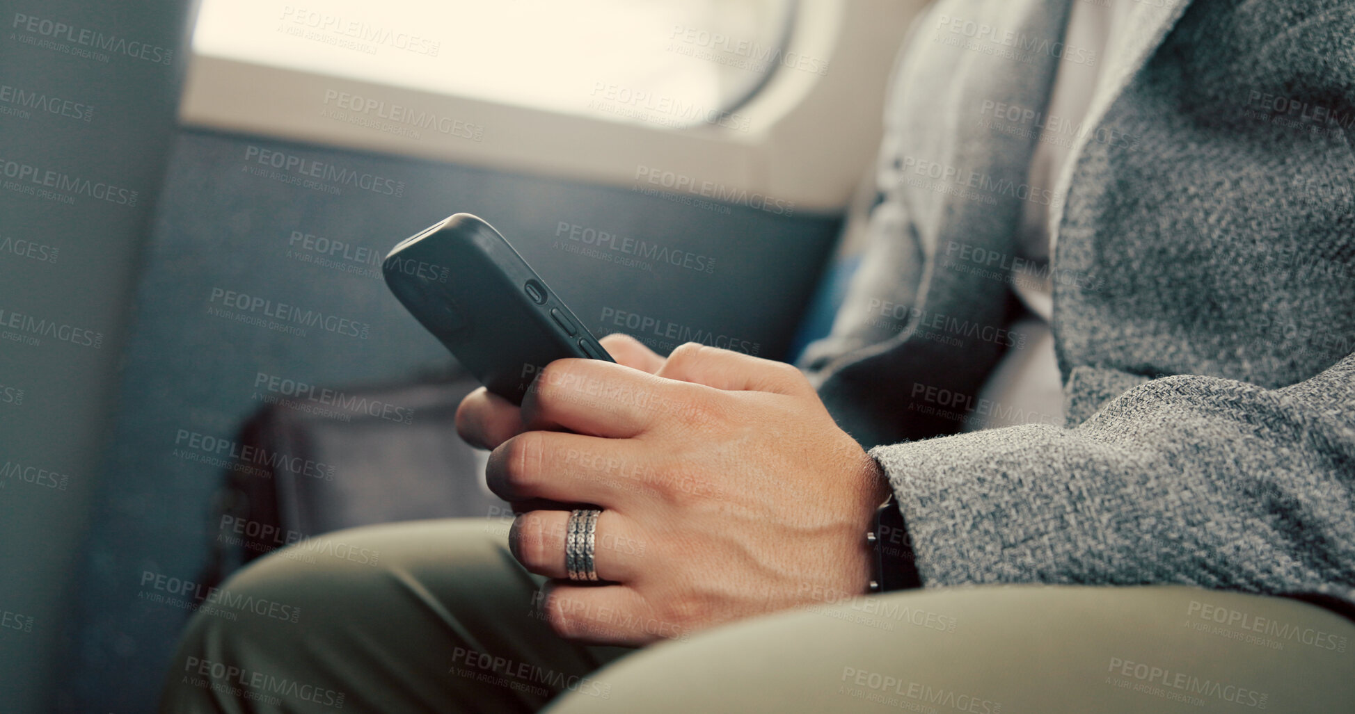 Buy stock photo Hand, phone and texting in bus, travel and businessman with chat, search or typing email on commute. Person, smartphone and scroll with mobile application, contact or social media on public transport