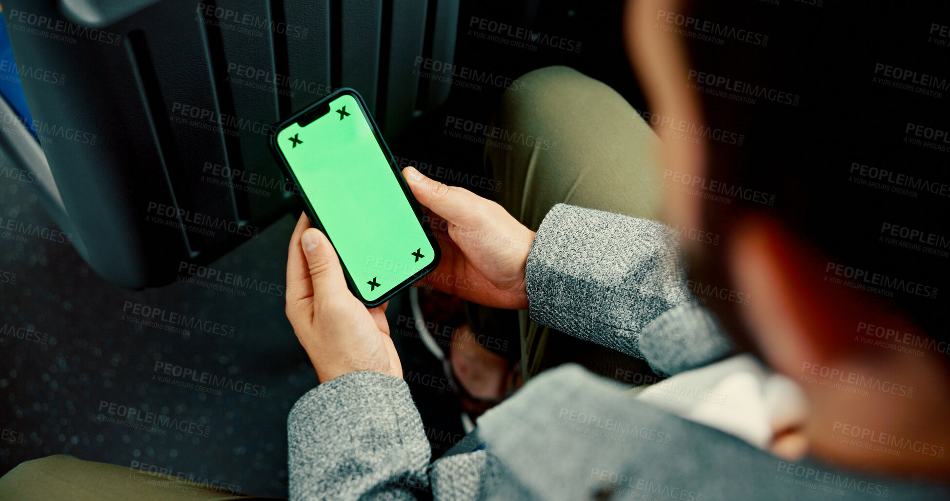 Buy stock photo Hands, man and phone with green screen in bus, travel and user experience with tracking marker. Passenger, mobile touchscreen and ui display with app, mock up space and contact on public transport