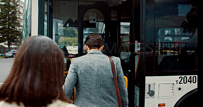 Buy stock photo Commute, bus and enter with business man in city for travel to work on public transport from back. Corporate, start and vehicle with professional employee outdoor in urban town for morning trip