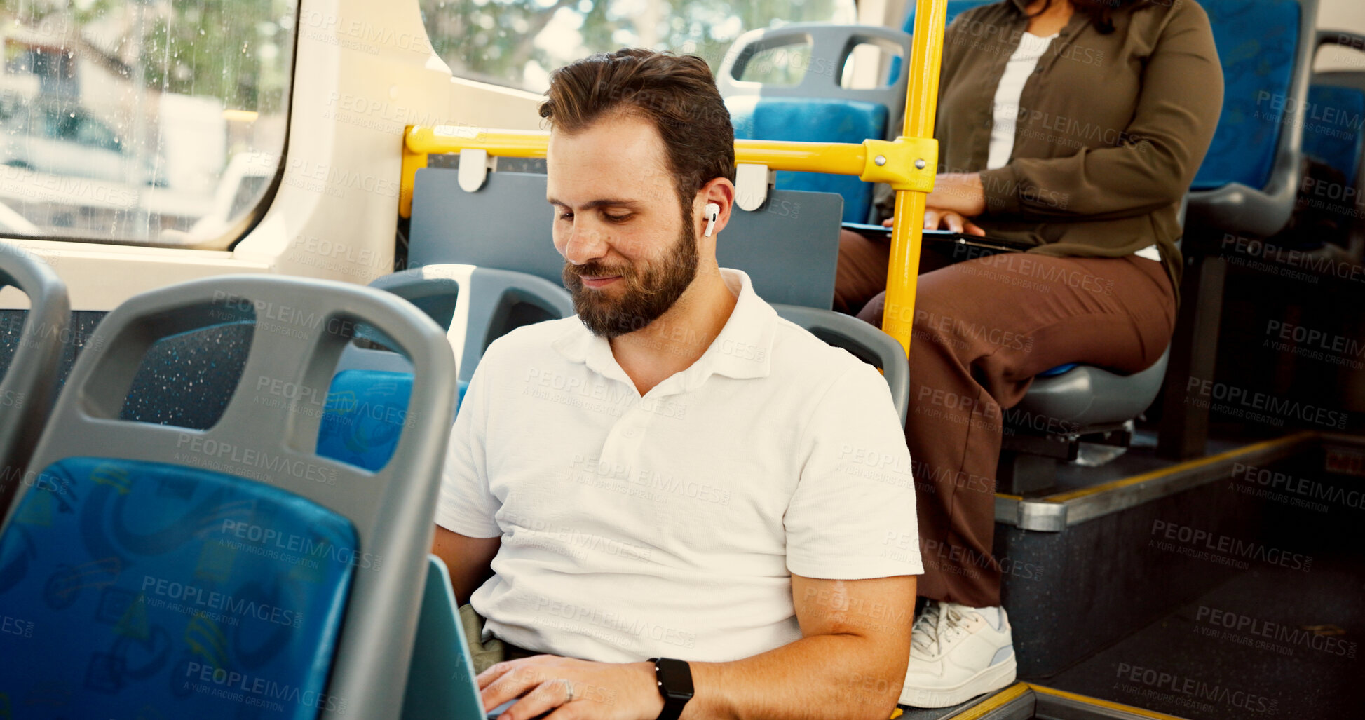 Buy stock photo Bus, travel and businessman with earphones on laptop for journey, morning commute and trip in city. Public transport, passenger and person on computer listening to podcast, audio and radio in town