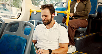 Buy stock photo Bus, travel and businessman with earphones on laptop for journey, morning commute and trip in city. Public transport, passenger and person on computer listening to podcast, audio and radio in town