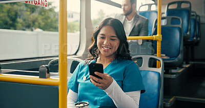 Buy stock photo Bus, nurse and woman with smartphone, commute and communication with public transport. Person, healthcare professional and employee with cellphone, smile and texting with social media, travel or app