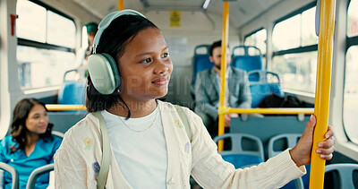 Buy stock photo Commute, music and thinking with girl on bus for public transportation to destination or location. Happy, headphones and travel with student streaming radio in vehicle for back to school trip