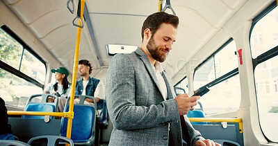 Buy stock photo Business, man and travel on bus with phone for transport schedule, checking notifications and morning commute. Happy, passenger and smartphone on journey for text message, social media and connection