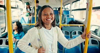 Buy stock photo Portrait, bus and girl with smile, travelling and safety with public transportation. Face, people and child with morning commute, urban journey and excited with bag, teenager or passenger in New York
