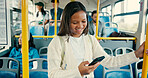 Bus, teenager and girl with cellphone, travel and internet for social media, message and commute. People, connection or passenger with smartphone, communication and digital app with safety or texting