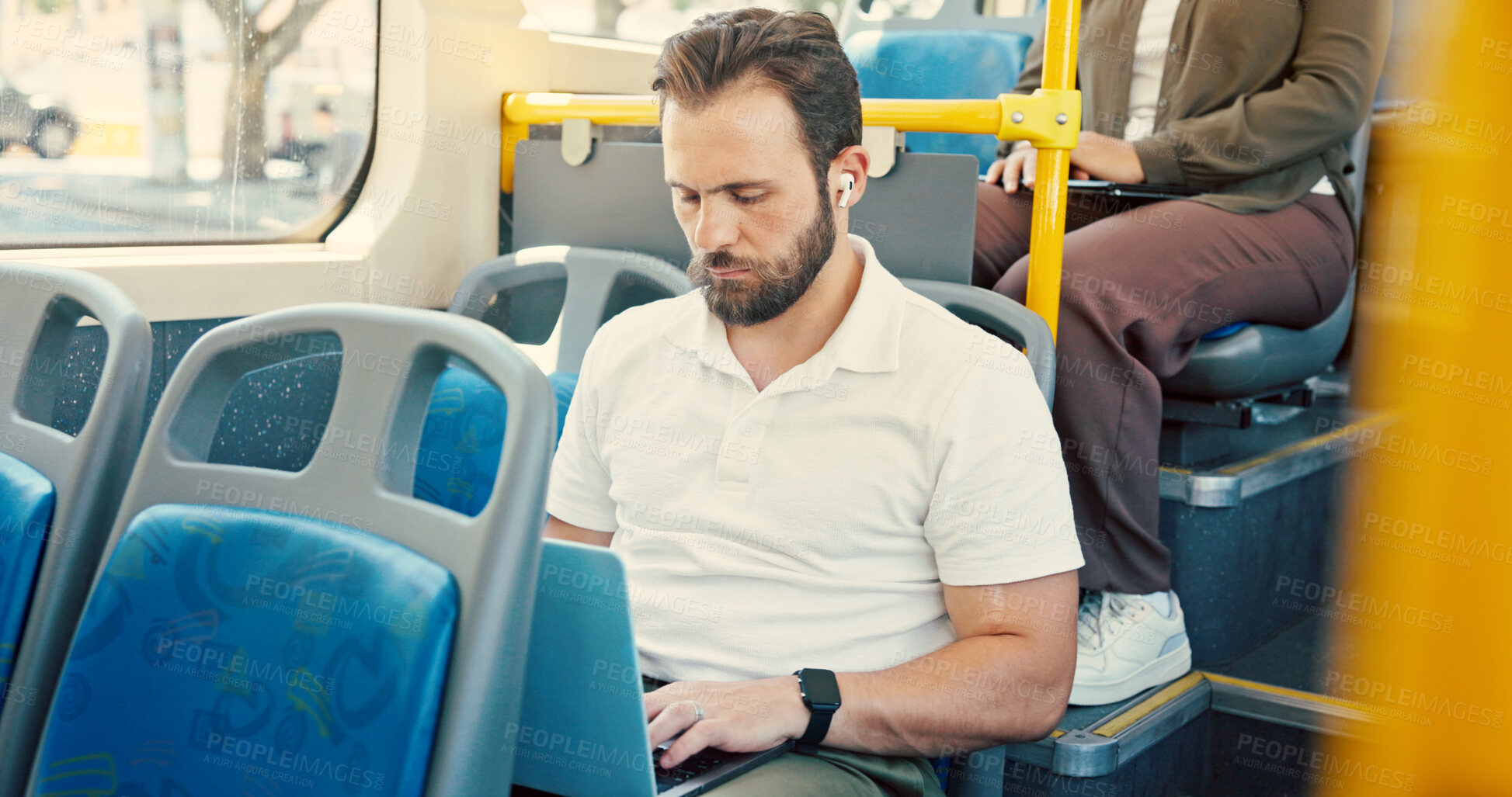 Buy stock photo Bus, travel and business man on laptop with earphones for journey, morning commute and trip in city. Public transport, passenger and person on computer for website, connection and emails in town