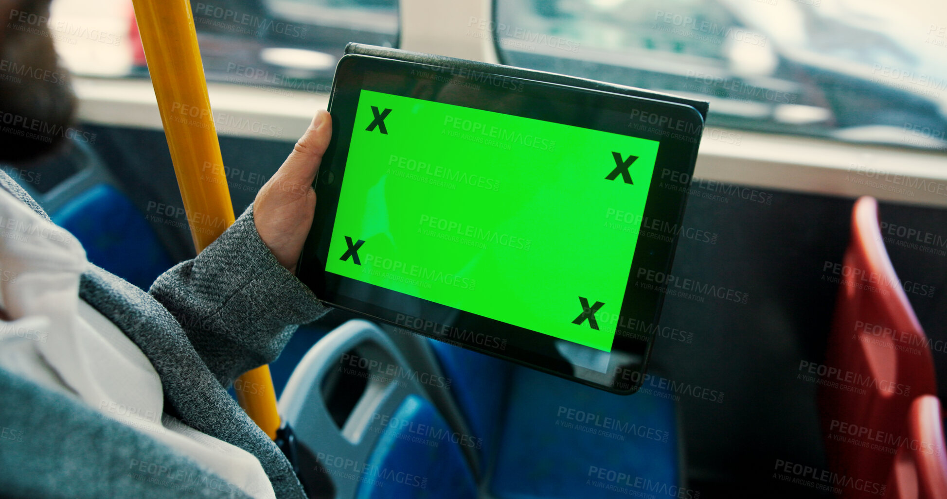 Buy stock photo Hand, tablet and green screen in bus, travel and user experience with tracking markers on commute. Person, digital touchscreen and ui display on app, mock up space and contact on public transport