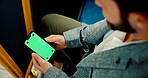 Business, man and phone with green screen in bus, travel and user experience with tracking marker. Passenger, mobile touchscreen and ui display with app, mock up space and contact on public transport