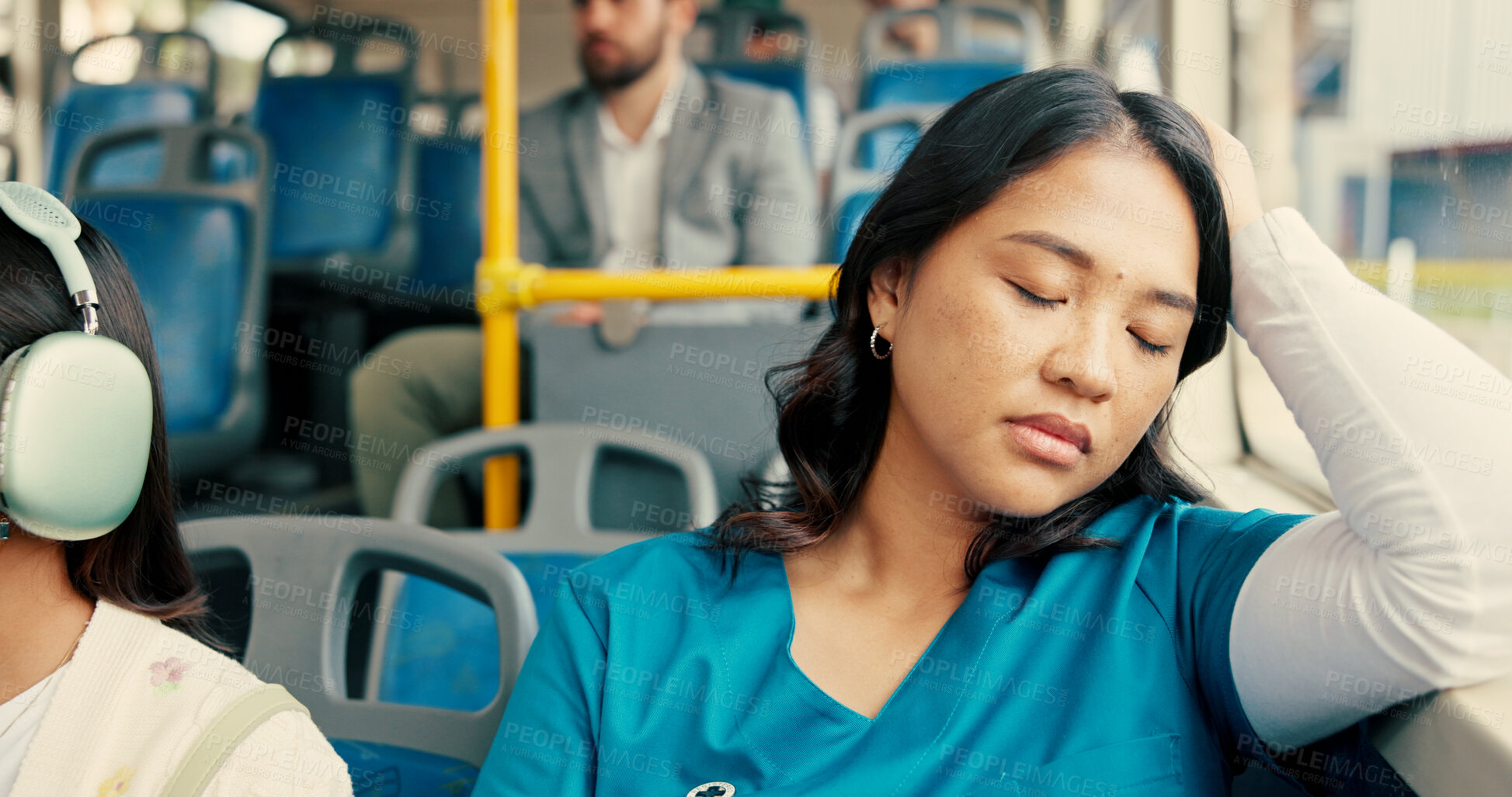 Buy stock photo Tired nurse, woman and nap on bus for travel journey, shift burnout and overworked. Morning commute, health professional and exhausted on public transport with sleeping, city traffic and work fatigue