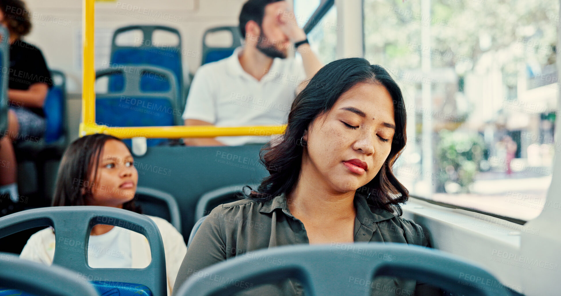 Buy stock photo Bus, sleeping and woman with nap, travel and burnout with public transportation. People, commute and girl with fatigue, tired and exhausted with rest, dream and window with urban journey or New York