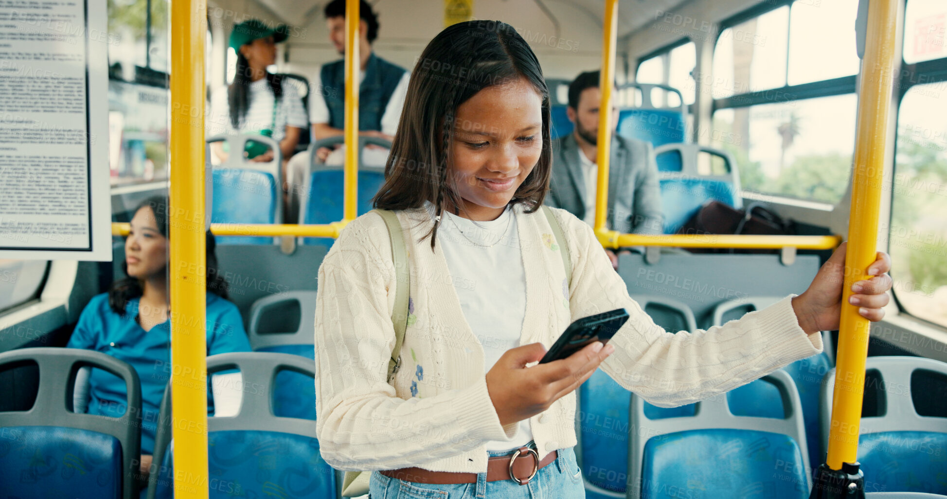 Buy stock photo Bus, teenager and girl with smartphone, travel and internet for social media, connection and commute. People, child and passenger with cellphone, communication and digital app with network or message