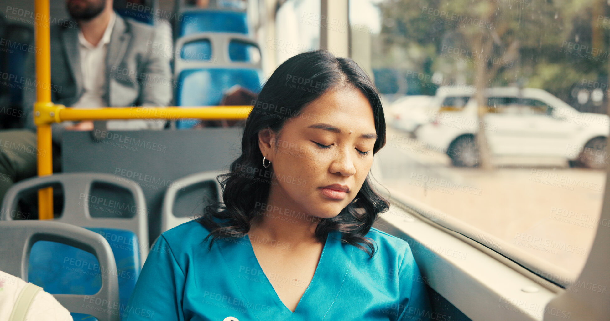 Buy stock photo Nurse, travel and woman with sleeping on bus for morning commute, shift burnout and healthcare fatigue. Passenger, health professional and exhausted on public transport with nap, window view and rest