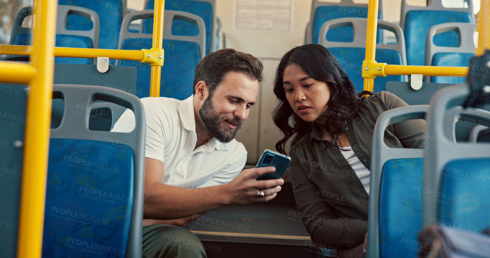 Buy stock photo Talking, commute or people on bus with phone, help and asking for location, urban journey or route. Travel, morning and man in transport with mobile app, internet and address for directions on map