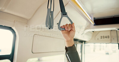 Buy stock photo Hand, bus and travel with person, handle and public transportation with city service. Closeup, metro and passenger with routine, urban journey and morning commute with safety, trip and New York