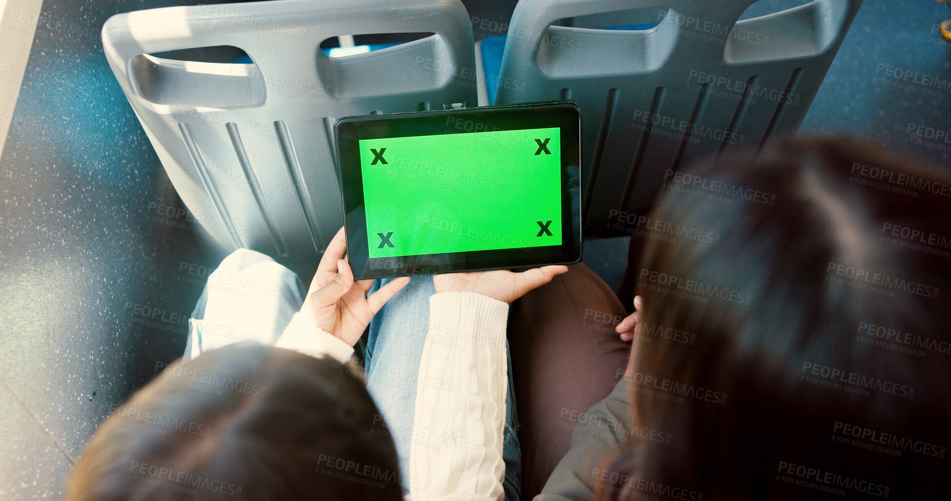 Buy stock photo Hand, people and tablet with green screen in bus, travel and user experience with tracking marker. Passengers, above and digital and ui display with app, mock up space and contact on public transport