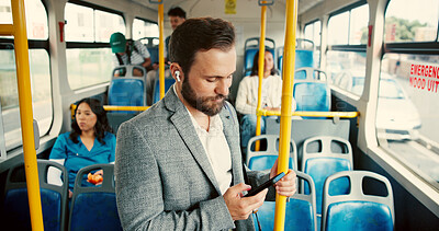 Buy stock photo Businessman, phone and earphones in bus, texting and commute with mobile app, notification and music. Person, smartphone and streaming with subscription, social media and travel with public transport